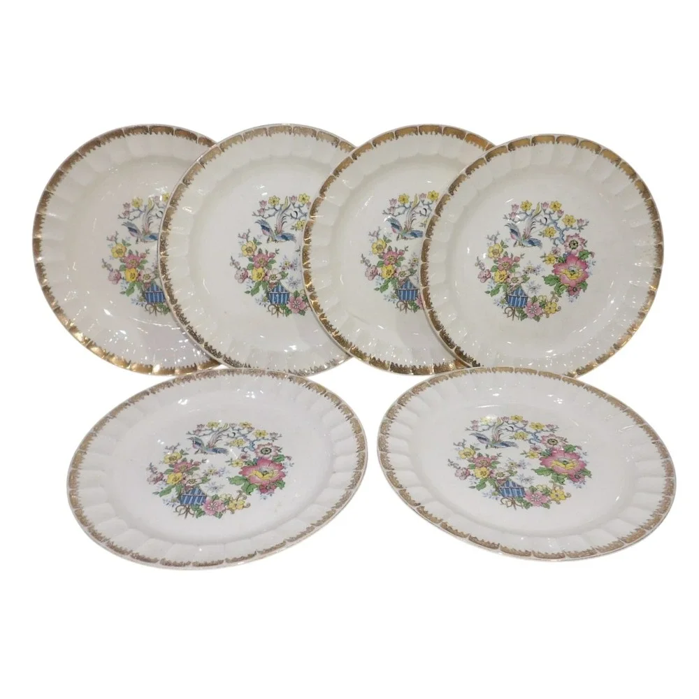 Cronin China Minerva OH Bird of Paradise Scalloped Gold Trim Dinner Plates Set 6